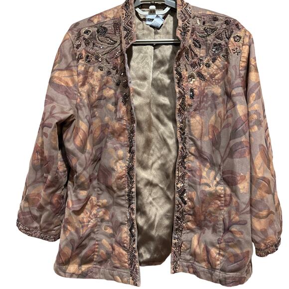 Chicos Jackets & Blazers - Chicos Beaded Jacket Size 2 US L Brown Netted Open Front Sequin Overlay FLAW